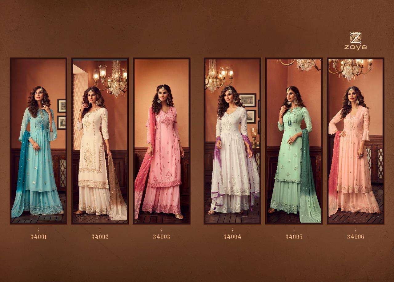 TRADITION BY ZOYA 34001 TO 34006 SERIES BEAUTIFUL STYLISH SHARARA SUITS FANCY COLORFUL CASUAL WEAR & ETHNIC WEAR & READY TO WEAR GEORGETTE EMBROIDERED DRESSES AT WHOLESALE PRICE