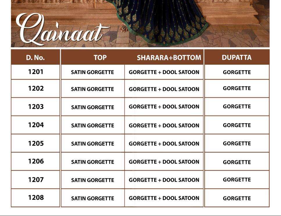 QAINAAT BY ARYA 1201 TO 1208 SERIES BEAUTIFUL STYLISH SHARARA SUITS FANCY COLORFUL CASUAL WEAR & ETHNIC WEAR & READY TO WEAR SATIN GEORGETTE EMBROIDERY DRESSES AT WHOLESALE PRICE