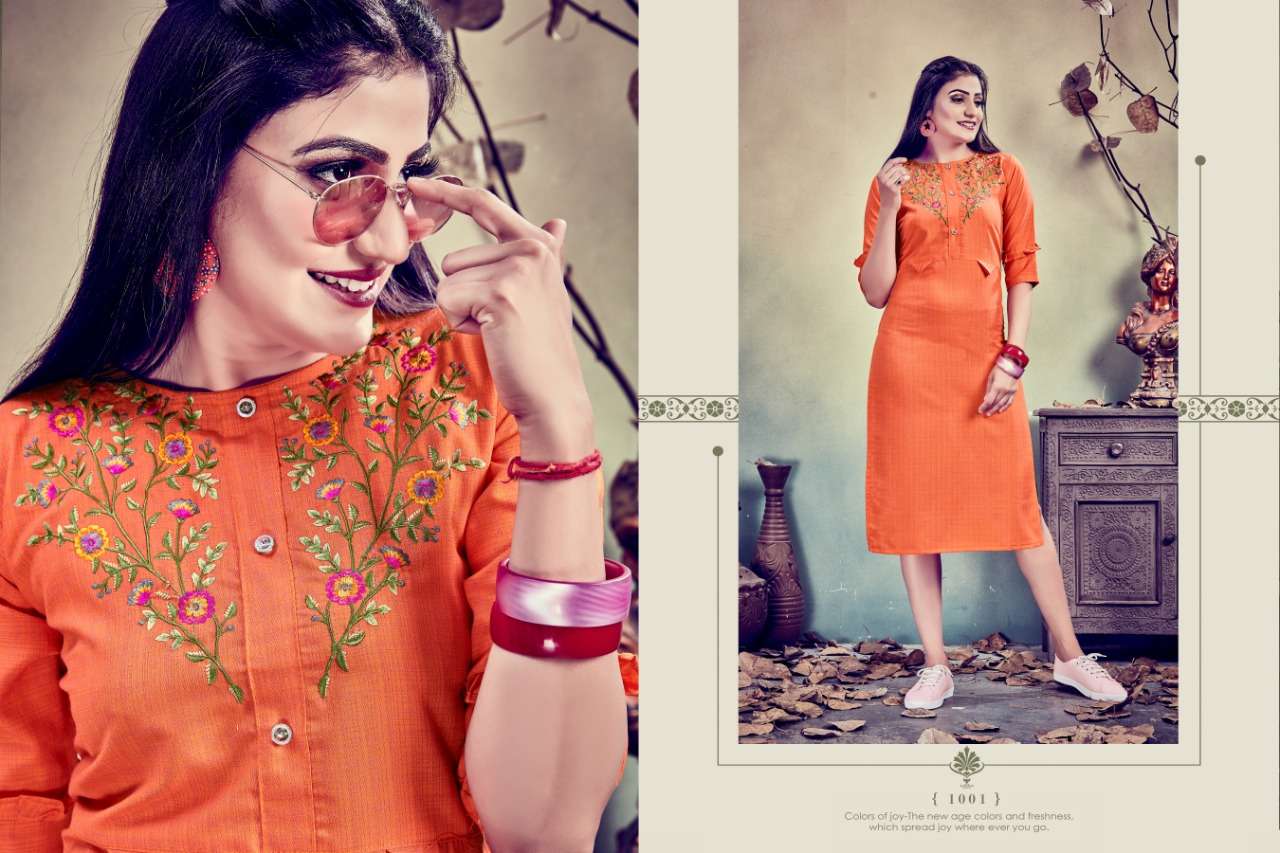 REENAZ BY CYGNUS 1001 TO 1006 SERIES STYLISH FANCY BEAUTIFUL COLORFUL CASUAL WEAR & ETHNIC WEAR FANCY EMBROIDERY KURTIS AT WHOLESALE PRICE