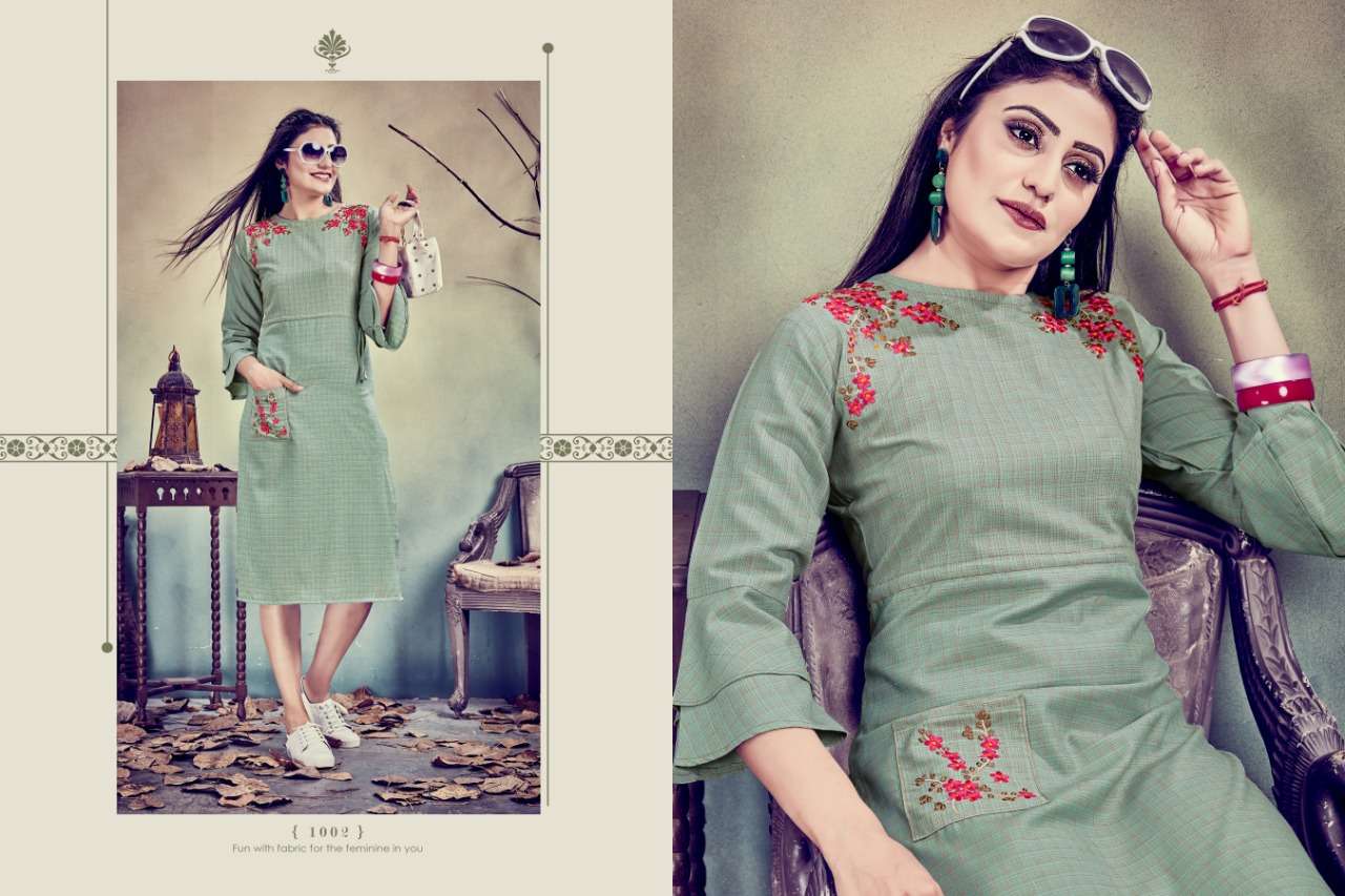 REENAZ BY CYGNUS 1001 TO 1006 SERIES STYLISH FANCY BEAUTIFUL COLORFUL CASUAL WEAR & ETHNIC WEAR FANCY EMBROIDERY KURTIS AT WHOLESALE PRICE