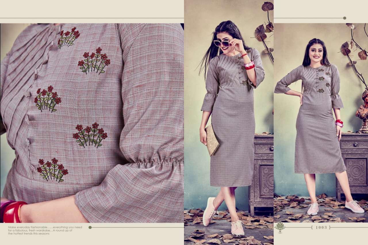 REENAZ BY CYGNUS 1001 TO 1006 SERIES STYLISH FANCY BEAUTIFUL COLORFUL CASUAL WEAR & ETHNIC WEAR FANCY EMBROIDERY KURTIS AT WHOLESALE PRICE