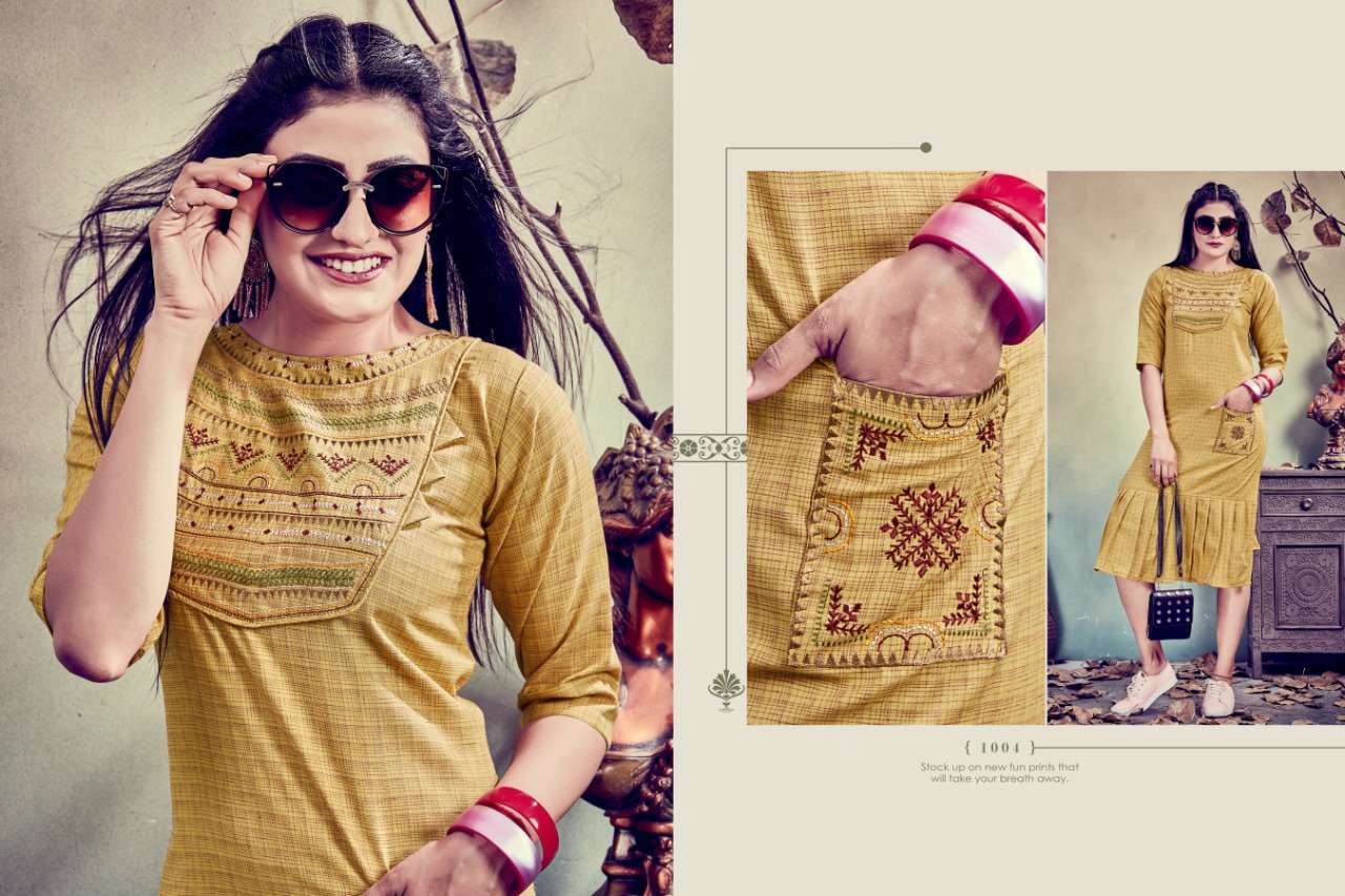 REENAZ BY CYGNUS 1001 TO 1006 SERIES STYLISH FANCY BEAUTIFUL COLORFUL CASUAL WEAR & ETHNIC WEAR FANCY EMBROIDERY KURTIS AT WHOLESALE PRICE
