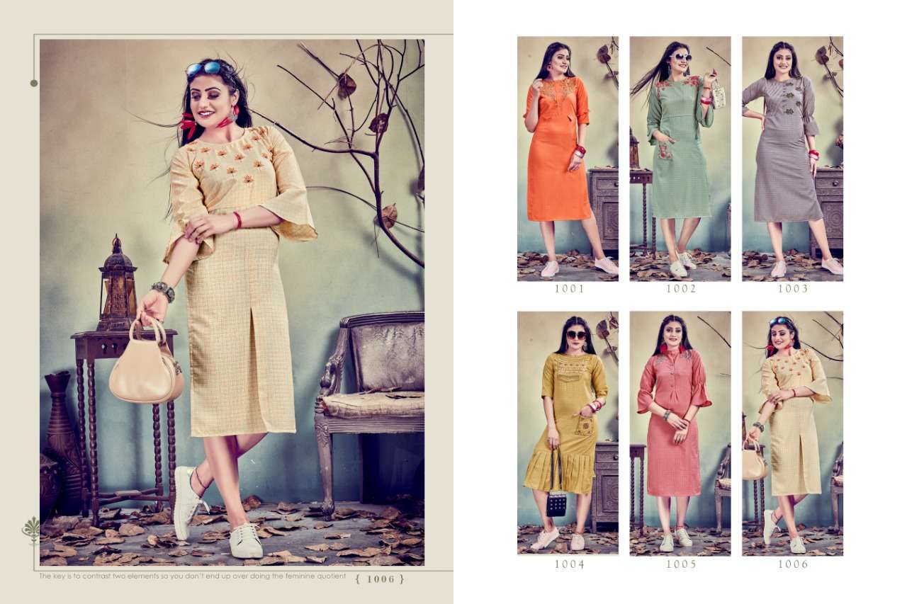 REENAZ BY CYGNUS 1001 TO 1006 SERIES STYLISH FANCY BEAUTIFUL COLORFUL CASUAL WEAR & ETHNIC WEAR FANCY EMBROIDERY KURTIS AT WHOLESALE PRICE