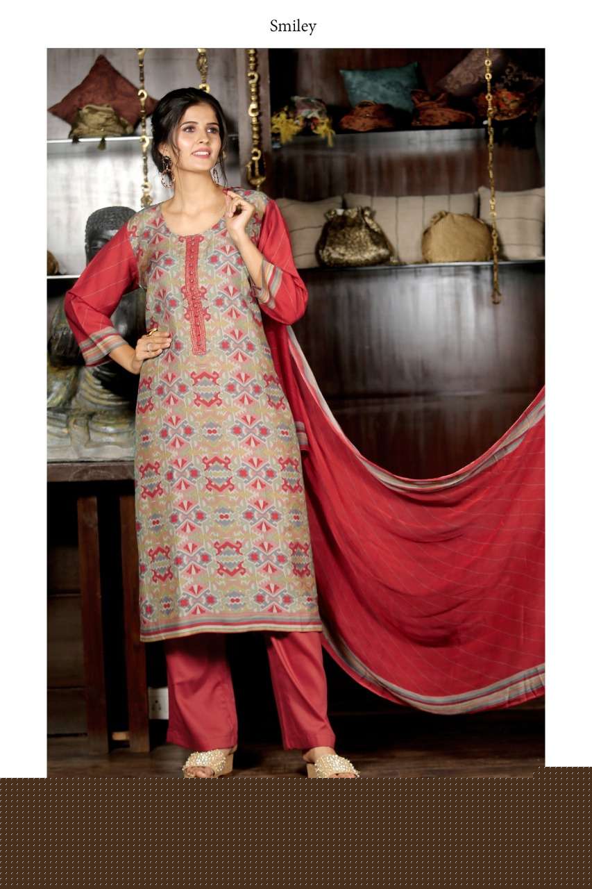 SMILEY BY VIRAT CREATION 2013 TO 2019 SERIES BEAUTIFUL SUITS STYLISH FANCY COLORFUL PARTY WEAR & OCCASIONAL WEAR PURE MUNGA SILK PRINTED DRESSES AT WHOLESALE PRICE