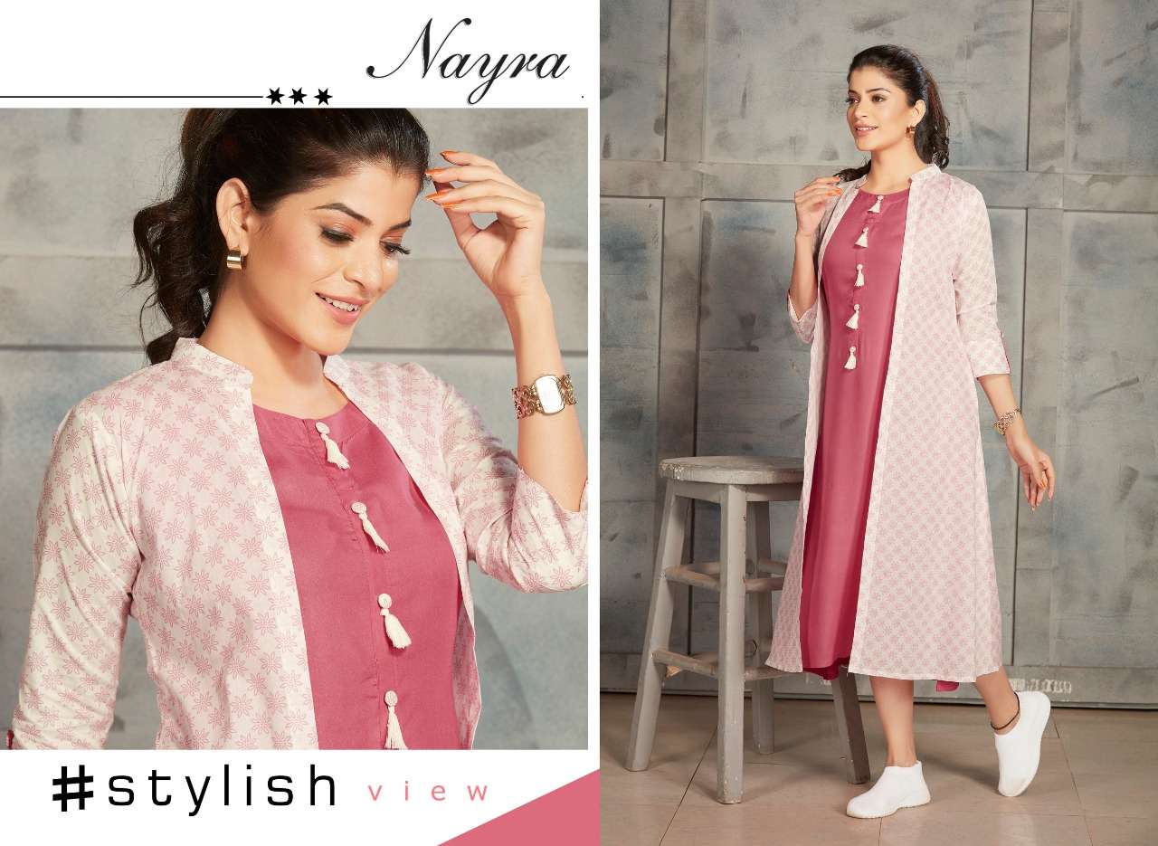 DAIRY MILK BY NAYRA 1001 TO 1008 SERIES BEAUTIFUL COLORFUL STYLISH FANCY CASUAL WEAR & ETHNIC WEAR & READY TO WEAR RAYON KURTIS WITH SHRUG AT WHOLESALE PRICE