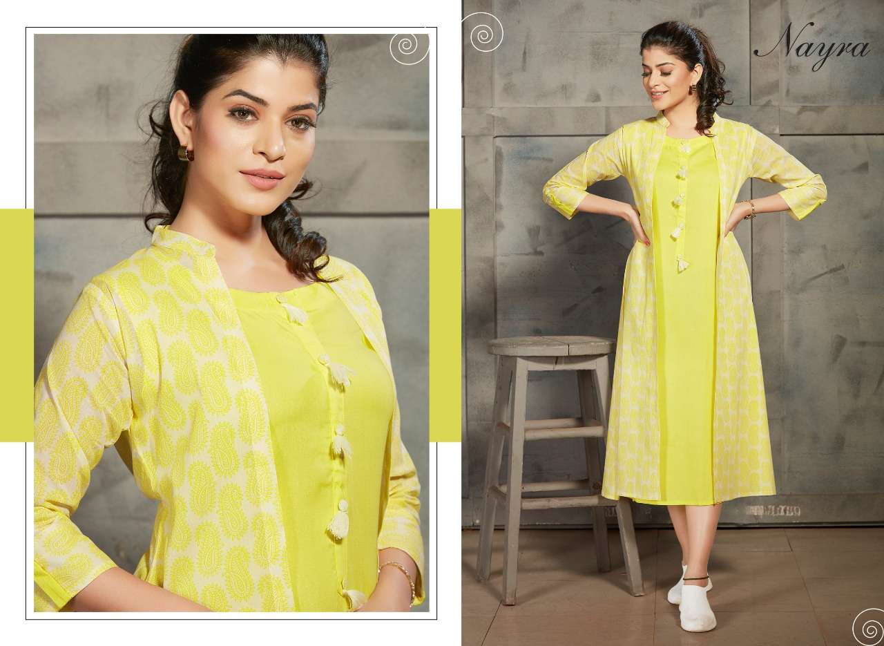 DAIRY MILK BY NAYRA 1001 TO 1008 SERIES BEAUTIFUL COLORFUL STYLISH FANCY CASUAL WEAR & ETHNIC WEAR & READY TO WEAR RAYON KURTIS WITH SHRUG AT WHOLESALE PRICE