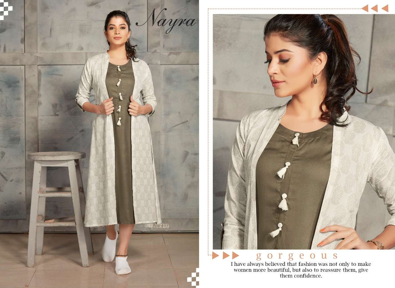 DAIRY MILK BY NAYRA 1001 TO 1008 SERIES BEAUTIFUL COLORFUL STYLISH FANCY CASUAL WEAR & ETHNIC WEAR & READY TO WEAR RAYON KURTIS WITH SHRUG AT WHOLESALE PRICE