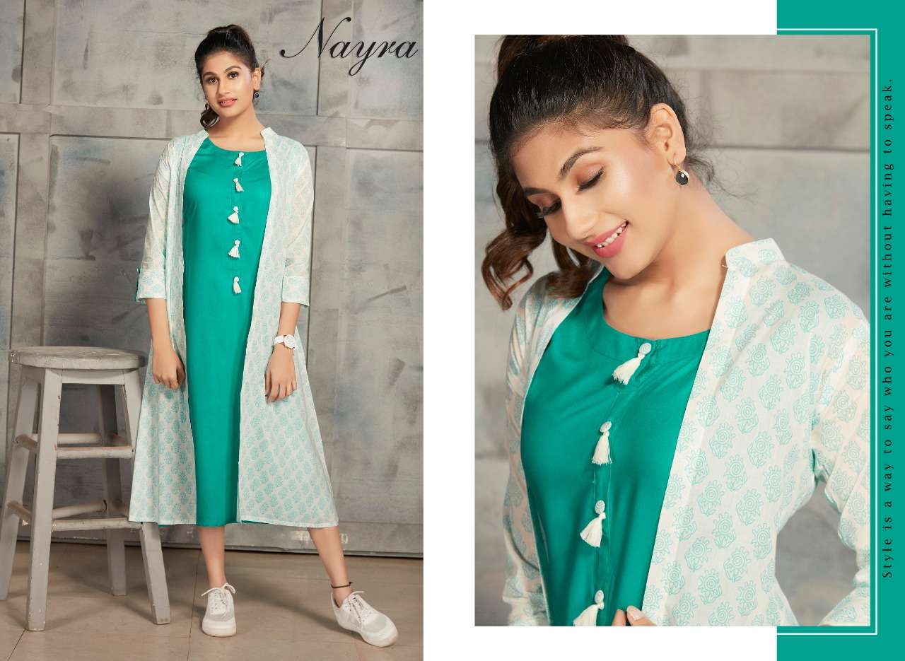DAIRY MILK BY NAYRA 1001 TO 1008 SERIES BEAUTIFUL COLORFUL STYLISH FANCY CASUAL WEAR & ETHNIC WEAR & READY TO WEAR RAYON KURTIS WITH SHRUG AT WHOLESALE PRICE