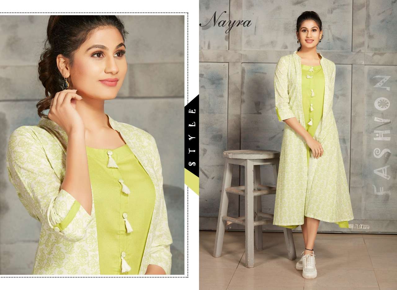 DAIRY MILK BY NAYRA 1001 TO 1008 SERIES BEAUTIFUL COLORFUL STYLISH FANCY CASUAL WEAR & ETHNIC WEAR & READY TO WEAR RAYON KURTIS WITH SHRUG AT WHOLESALE PRICE