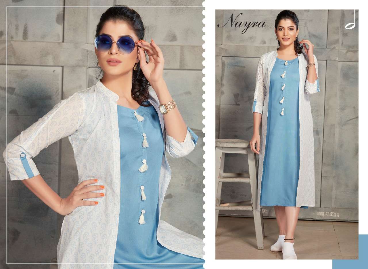 DAIRY MILK BY NAYRA 1001 TO 1008 SERIES BEAUTIFUL COLORFUL STYLISH FANCY CASUAL WEAR & ETHNIC WEAR & READY TO WEAR RAYON KURTIS WITH SHRUG AT WHOLESALE PRICE