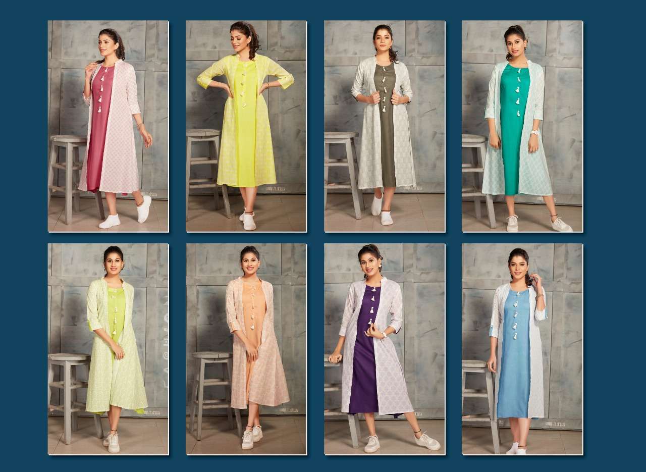 DAIRY MILK BY NAYRA 1001 TO 1008 SERIES BEAUTIFUL COLORFUL STYLISH FANCY CASUAL WEAR & ETHNIC WEAR & READY TO WEAR RAYON KURTIS WITH SHRUG AT WHOLESALE PRICE