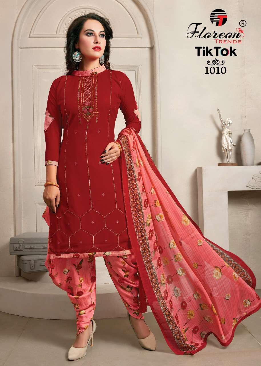 TIK TOK BY FLOREON 1001 TO 1010 SERIES BEAUTIFUL SUITS STYLISH FANCY COLORFUL PARTY WEAR & OCCASIONAL WEAR HEAVY RAYON 14 KG WITH EMBROIDERY DRESSES AT WHOLESALE PRICE