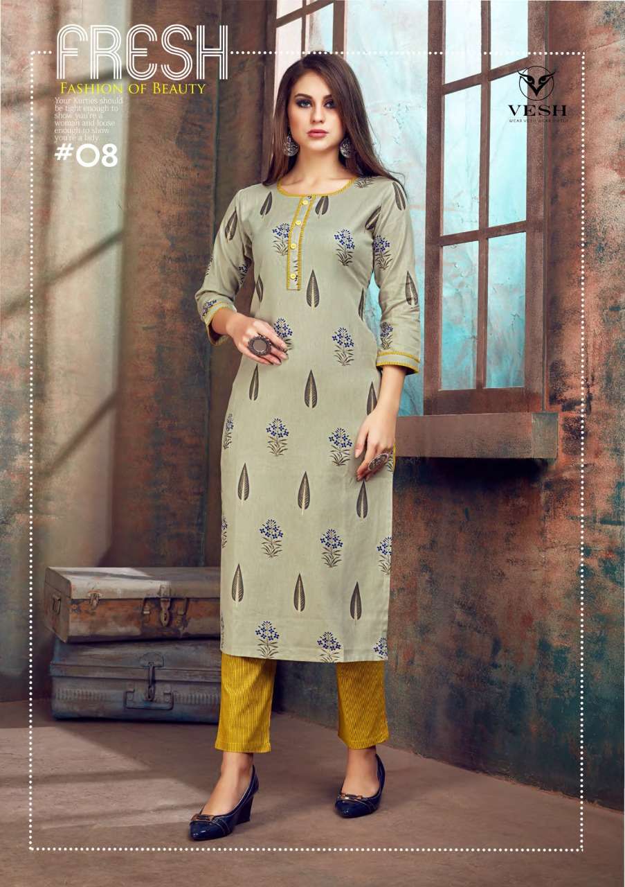 VERINICA BY VESH 01 TO 08 SERIES STYLISH FANCY BEAUTIFUL COLORFUL CASUAL WEAR & ETHNIC WEAR RAYON FLEX PRINTED KURTIS WITH BOTTOM AT WHOLESALE PRICE