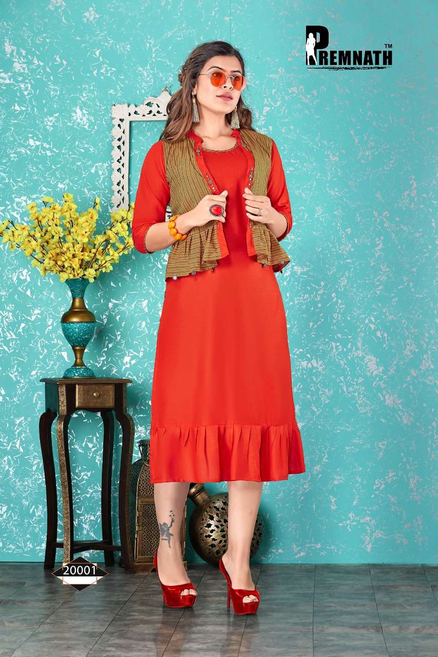 PARADISE VOL-2 BY PREMNATH 20001 TO 20006 SERIES BEAUTIFUL COLORFUL STYLISH FANCY CASUAL WEAR & ETHNIC WEAR & READY TO WEAR RAYON DYED PRINTED KURTIS WITH SHRUG AT WHOLESALE PRICE