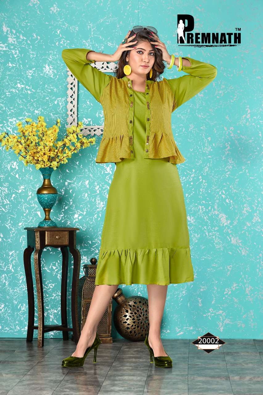 PARADISE VOL-2 BY PREMNATH 20001 TO 20006 SERIES BEAUTIFUL COLORFUL STYLISH FANCY CASUAL WEAR & ETHNIC WEAR & READY TO WEAR RAYON DYED PRINTED KURTIS WITH SHRUG AT WHOLESALE PRICE