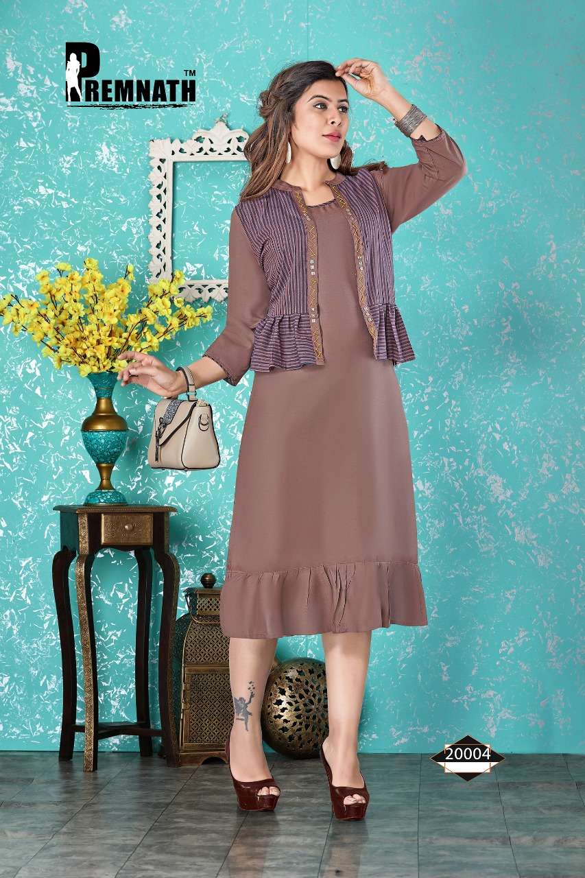 PARADISE VOL-2 BY PREMNATH 20001 TO 20006 SERIES BEAUTIFUL COLORFUL STYLISH FANCY CASUAL WEAR & ETHNIC WEAR & READY TO WEAR RAYON DYED PRINTED KURTIS WITH SHRUG AT WHOLESALE PRICE