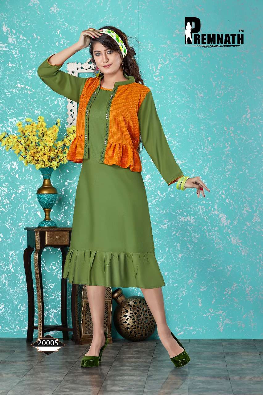 PARADISE VOL-2 BY PREMNATH 20001 TO 20006 SERIES BEAUTIFUL COLORFUL STYLISH FANCY CASUAL WEAR & ETHNIC WEAR & READY TO WEAR RAYON DYED PRINTED KURTIS WITH SHRUG AT WHOLESALE PRICE