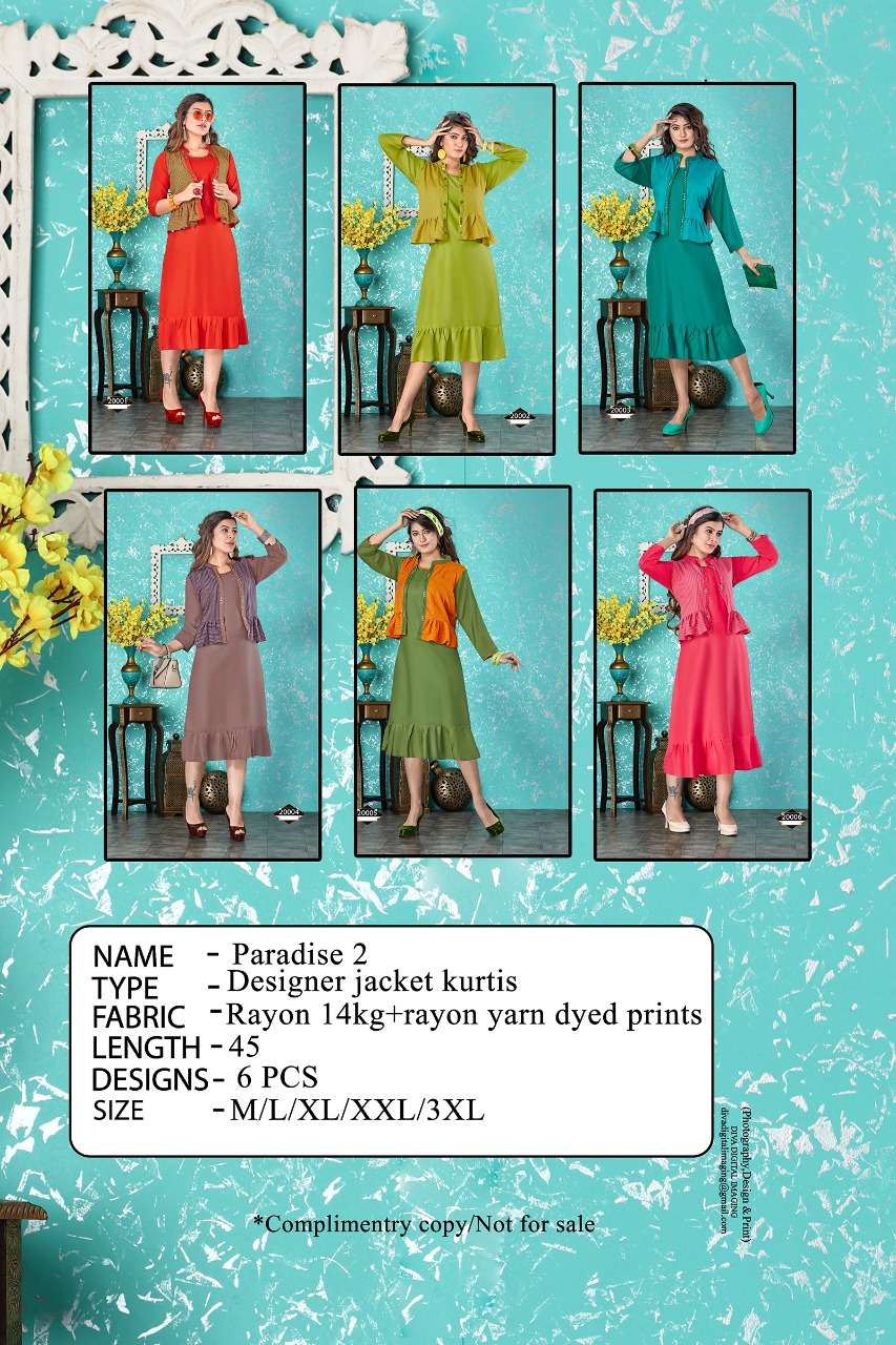PARADISE VOL-2 BY PREMNATH 20001 TO 20006 SERIES BEAUTIFUL COLORFUL STYLISH FANCY CASUAL WEAR & ETHNIC WEAR & READY TO WEAR RAYON DYED PRINTED KURTIS WITH SHRUG AT WHOLESALE PRICE