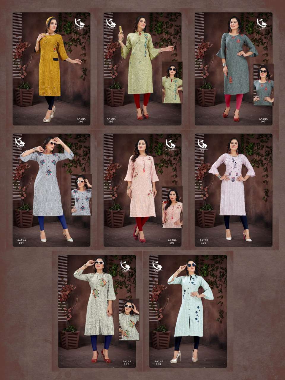AAINA VOL-1 BY KAYNA 101 TO 108 SERIES BEAUTIFUL STYLISH FANCY COLORFUL CASUAL WEAR & ETHNIC WEAR & READY TO WEAR HEAVY RAYON EMBROIDERY KURTIS AT WHOLESALE PRICE