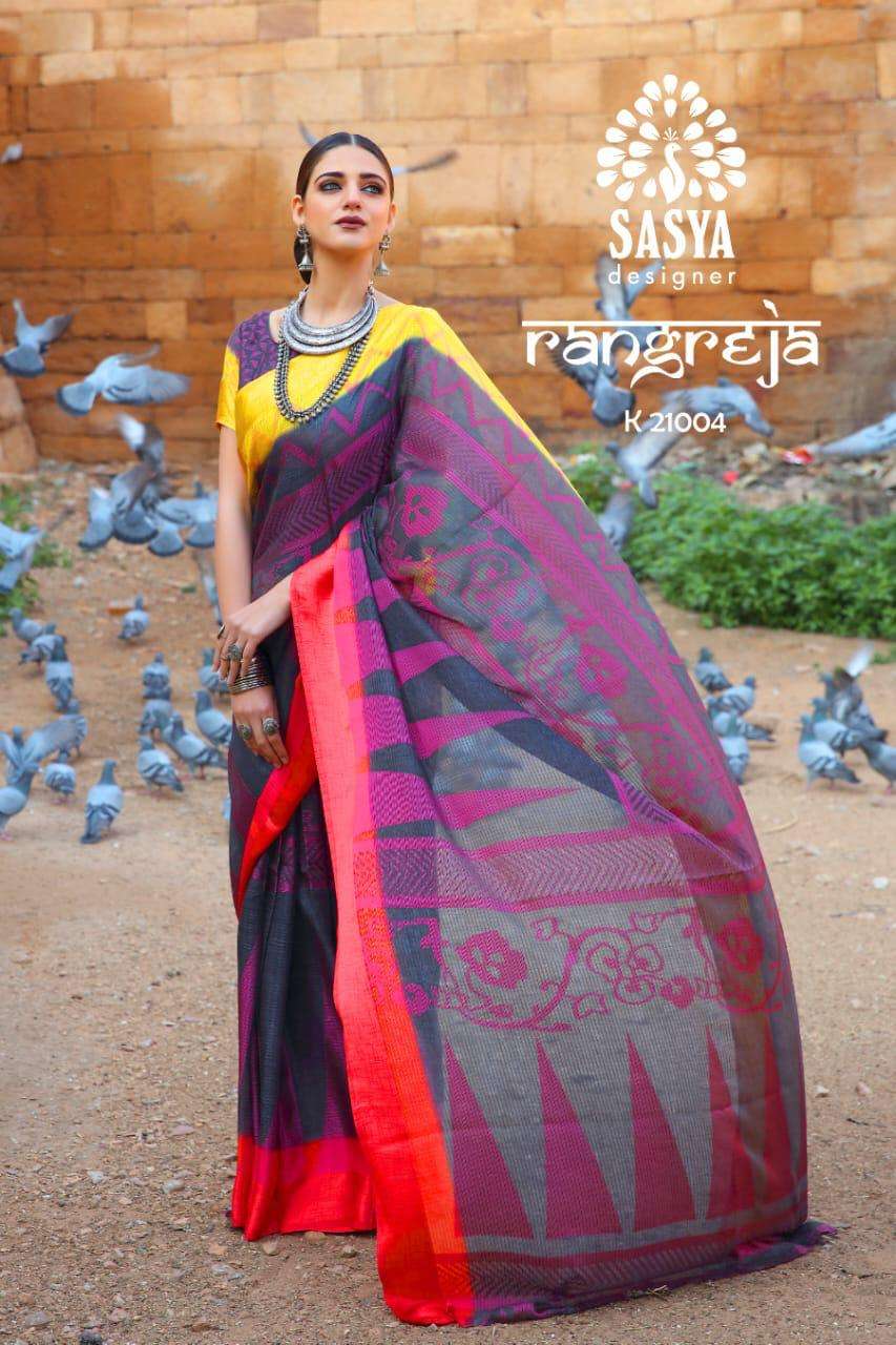 RANGREJA BY SASYA DESIGNER 21001 TO 21010 SERIES INDIAN TRADITIONAL WEAR COLLECTION BEAUTIFUL STYLISH FANCY COLORFUL PARTY WEAR & OCCASIONAL WEAR SILK WEAVING BRASSO SAREES AT WHOLESALE PRICE