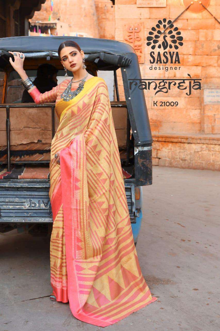 RANGREJA BY SASYA DESIGNER 21001 TO 21010 SERIES INDIAN TRADITIONAL WEAR COLLECTION BEAUTIFUL STYLISH FANCY COLORFUL PARTY WEAR & OCCASIONAL WEAR SILK WEAVING BRASSO SAREES AT WHOLESALE PRICE