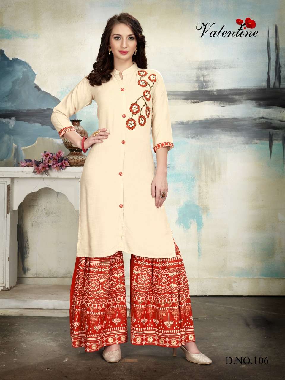 RIVAAZ BY VALENTINE 101 TO 108 SERIES BEAUTIFUL STYLISH FANCY COLORFUL CASUAL WEAR & ETHNIC WEAR & READY TO WEAR RAYON 14 KG WITH FOIL PRINTED KURTIS AT WHOLESALE PRICE