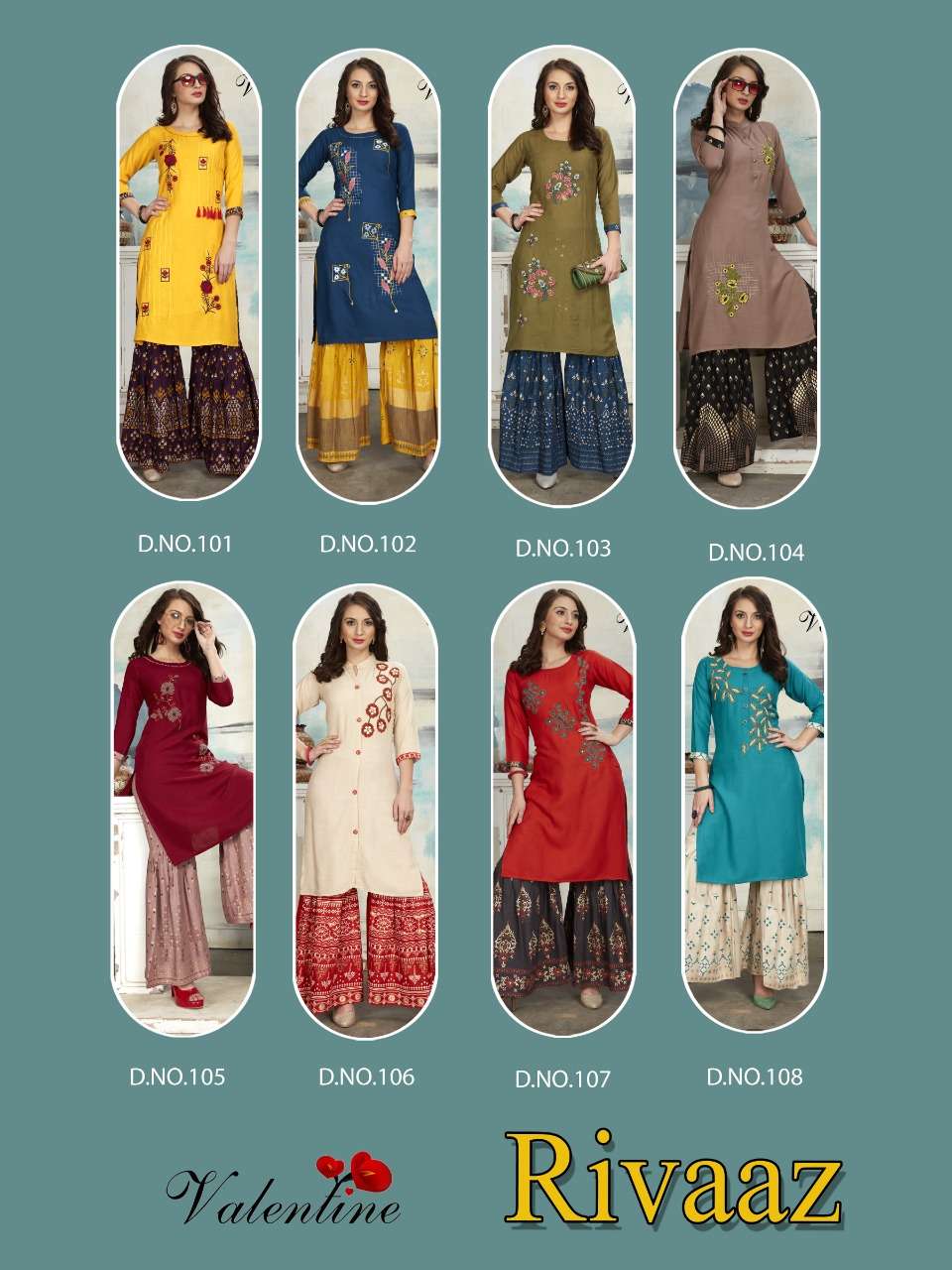 RIVAAZ BY VALENTINE 101 TO 108 SERIES BEAUTIFUL STYLISH FANCY COLORFUL CASUAL WEAR & ETHNIC WEAR & READY TO WEAR RAYON 14 KG WITH FOIL PRINTED KURTIS AT WHOLESALE PRICE