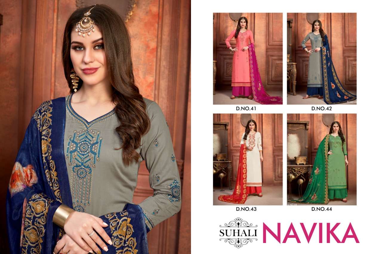 NAVIKA BY SUHALI 41 TO 44 SERIES BEAUTIFUL STYLISH SHARARA SUITS FANCY COLORFUL CASUAL WEAR & ETHNIC WEAR & READY TO WEAR JAM SATIN EMBROIDERY DRESSES AT WHOLESALE PRICE