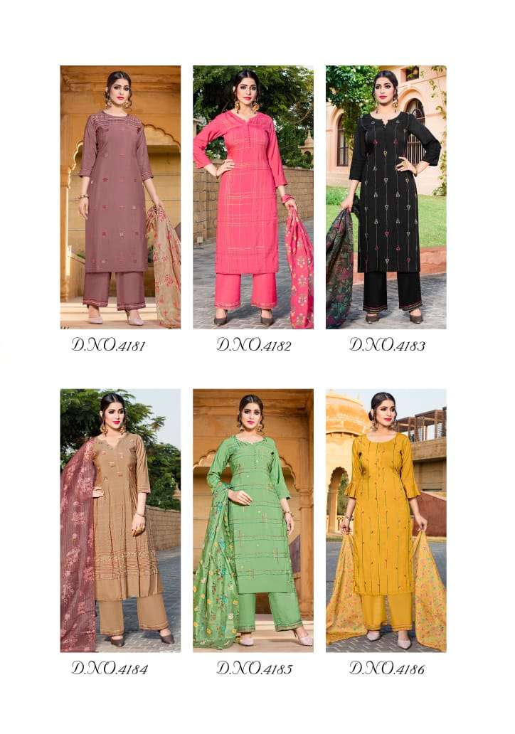 RUHAANI BY YAMI FASHION 4181 TO 4186 SERIES BEAUTIFUL SUITS STYLISH FANCY COLORFUL PARTY WEAR & OCCASIONAL WEAR PURE VISCOSE WITH WORK DRESSES AT WHOLESALE PRICE