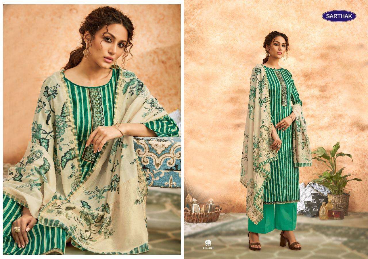 SARTHAK BY RUDRINEE 1001 TO 1007 SERIES BEAUTIFUL SUITS STYLISH FANCY COLORFUL PARTY WEAR & OCCASIONAL WEAR PURE JAM SATIN PRINT WITH EMBROIDERY DRESSES AT WHOLESALE PRICE