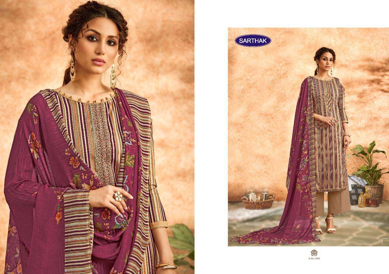 SARTHAK BY RUDRINEE 1001 TO 1007 SERIES BEAUTIFUL SUITS STYLISH FANCY COLORFUL PARTY WEAR & OCCASIONAL WEAR PURE JAM SATIN PRINT WITH EMBROIDERY DRESSES AT WHOLESALE PRICE