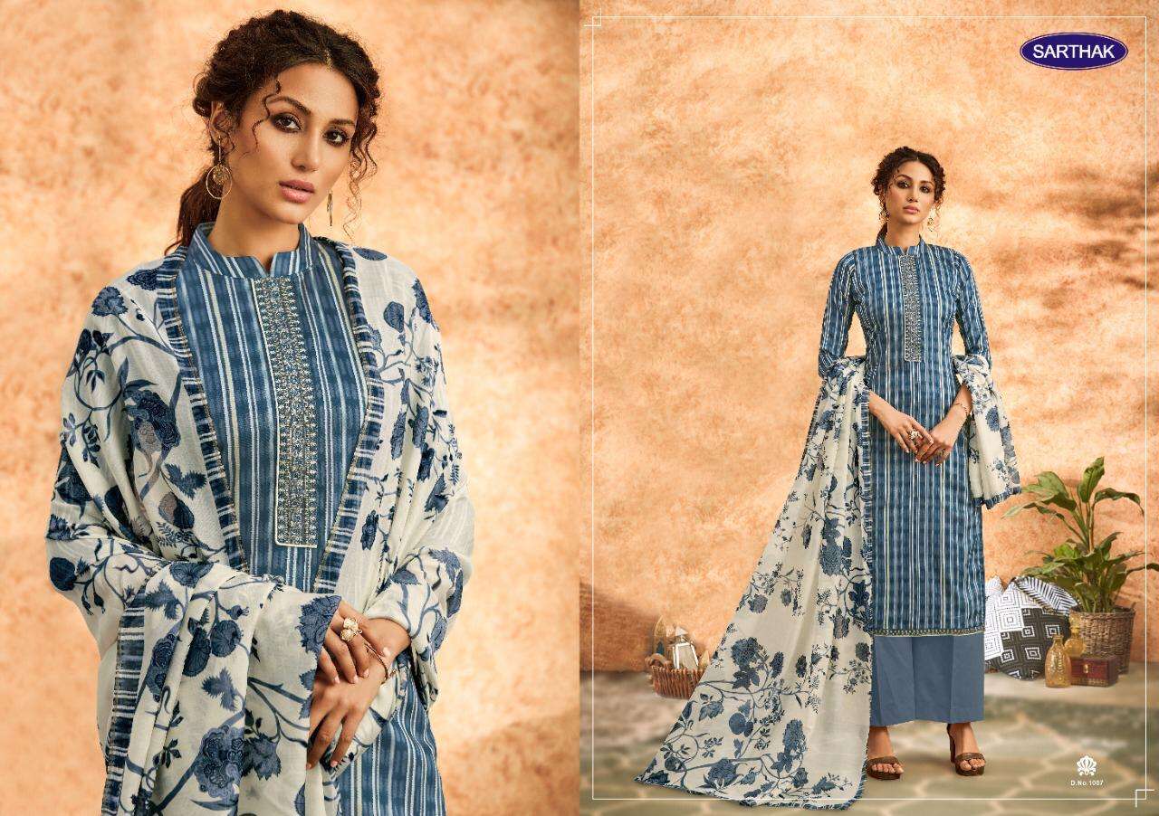 SARTHAK BY RUDRINEE 1001 TO 1007 SERIES BEAUTIFUL SUITS STYLISH FANCY COLORFUL PARTY WEAR & OCCASIONAL WEAR PURE JAM SATIN PRINT WITH EMBROIDERY DRESSES AT WHOLESALE PRICE