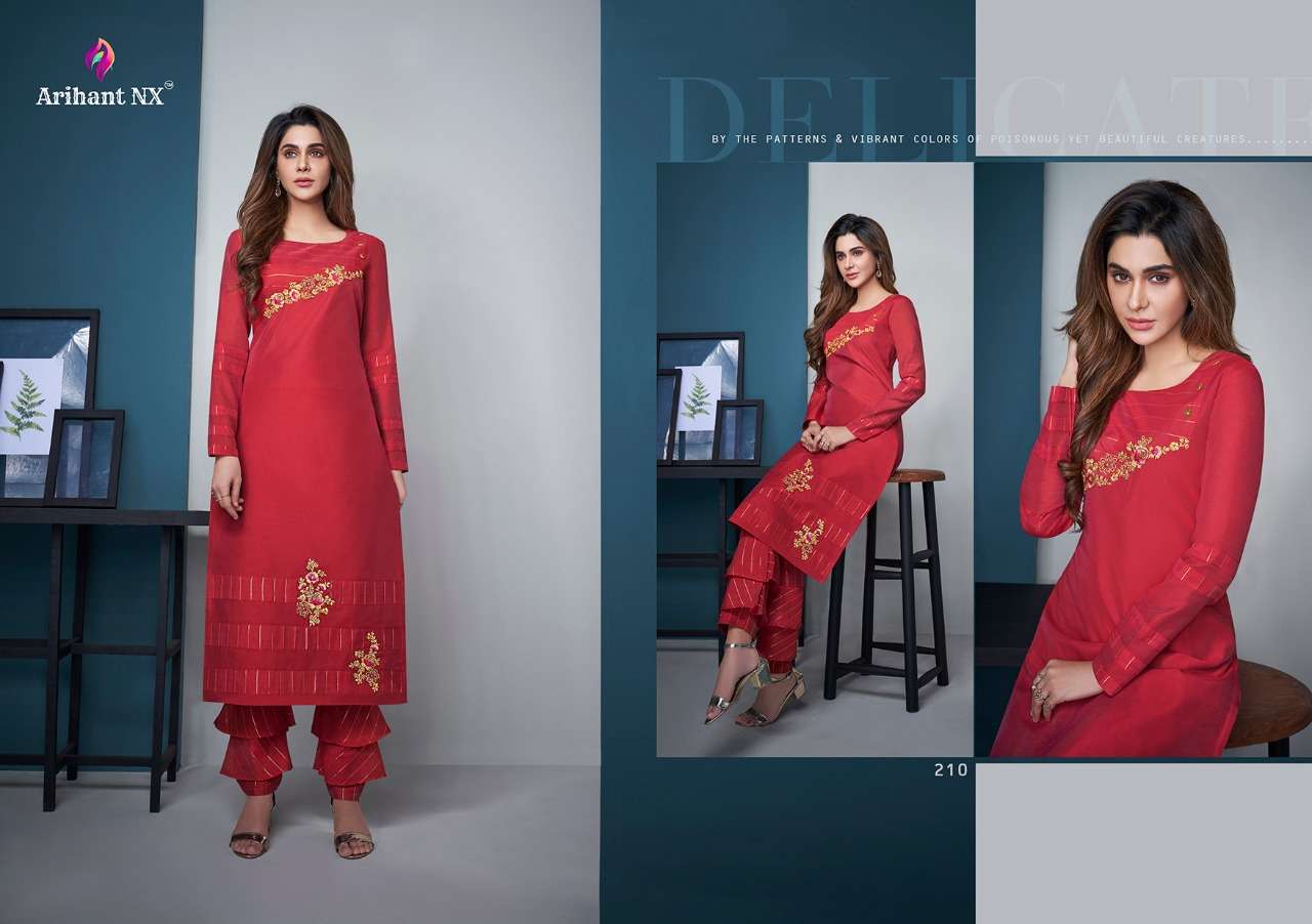 MEHAR VOL-2 BY ARIHANT NX 209 TO 216 SERIES BEAUTIFUL COLORFUL STYLISH FANCY CASUAL WEAR & READY TO WEAR PURE MODAL SILK EMBROIDERED KURTIS WITH BOTTOM AT WHOLESALE PRICE