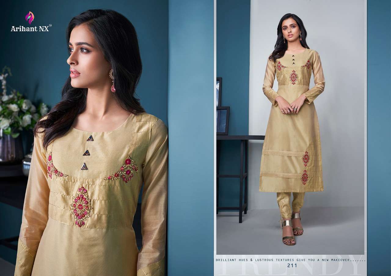 MEHAR VOL-2 BY ARIHANT NX 209 TO 216 SERIES BEAUTIFUL COLORFUL STYLISH FANCY CASUAL WEAR & READY TO WEAR PURE MODAL SILK EMBROIDERED KURTIS WITH BOTTOM AT WHOLESALE PRICE