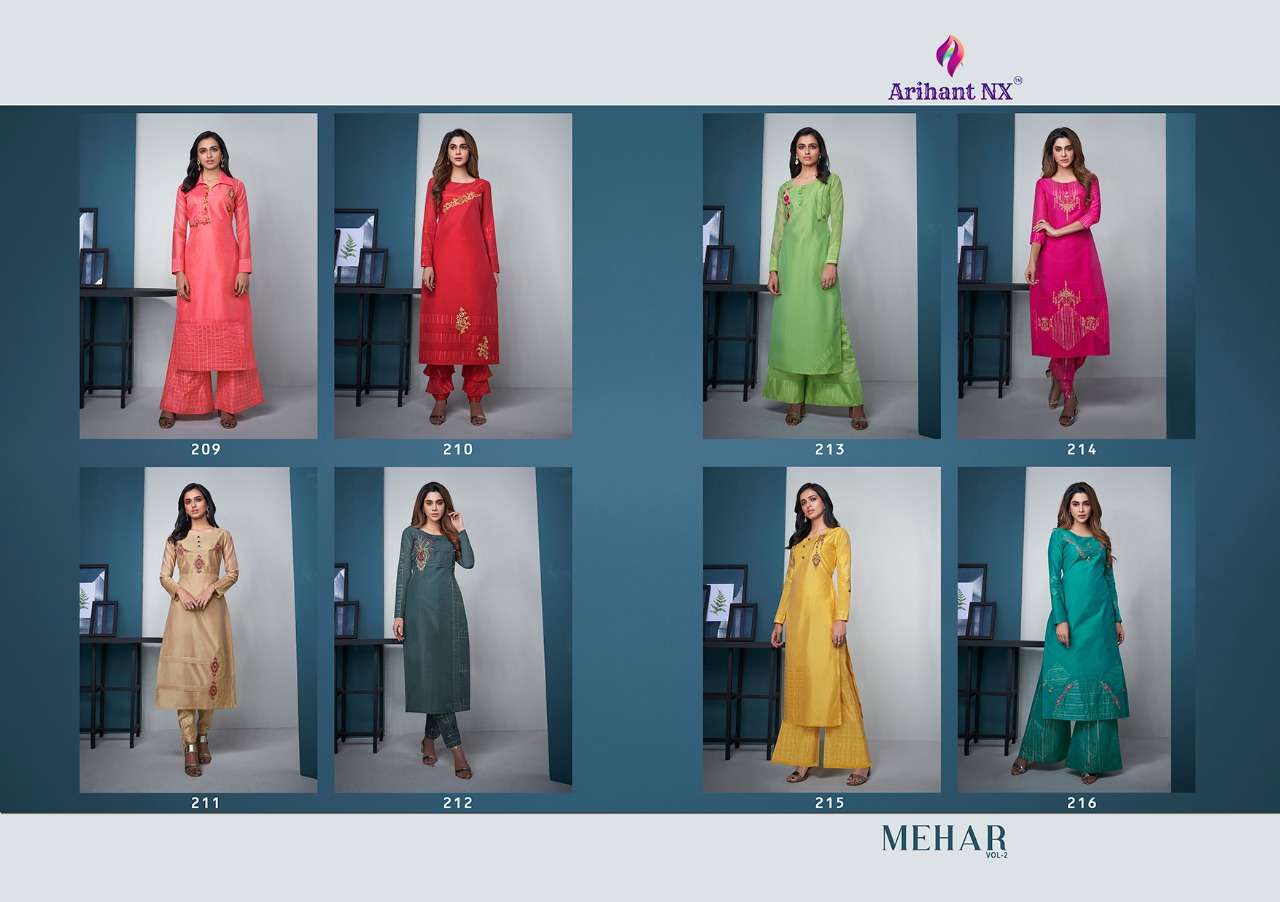 MEHAR VOL-2 BY ARIHANT NX 209 TO 216 SERIES BEAUTIFUL COLORFUL STYLISH FANCY CASUAL WEAR & READY TO WEAR PURE MODAL SILK EMBROIDERED KURTIS WITH BOTTOM AT WHOLESALE PRICE