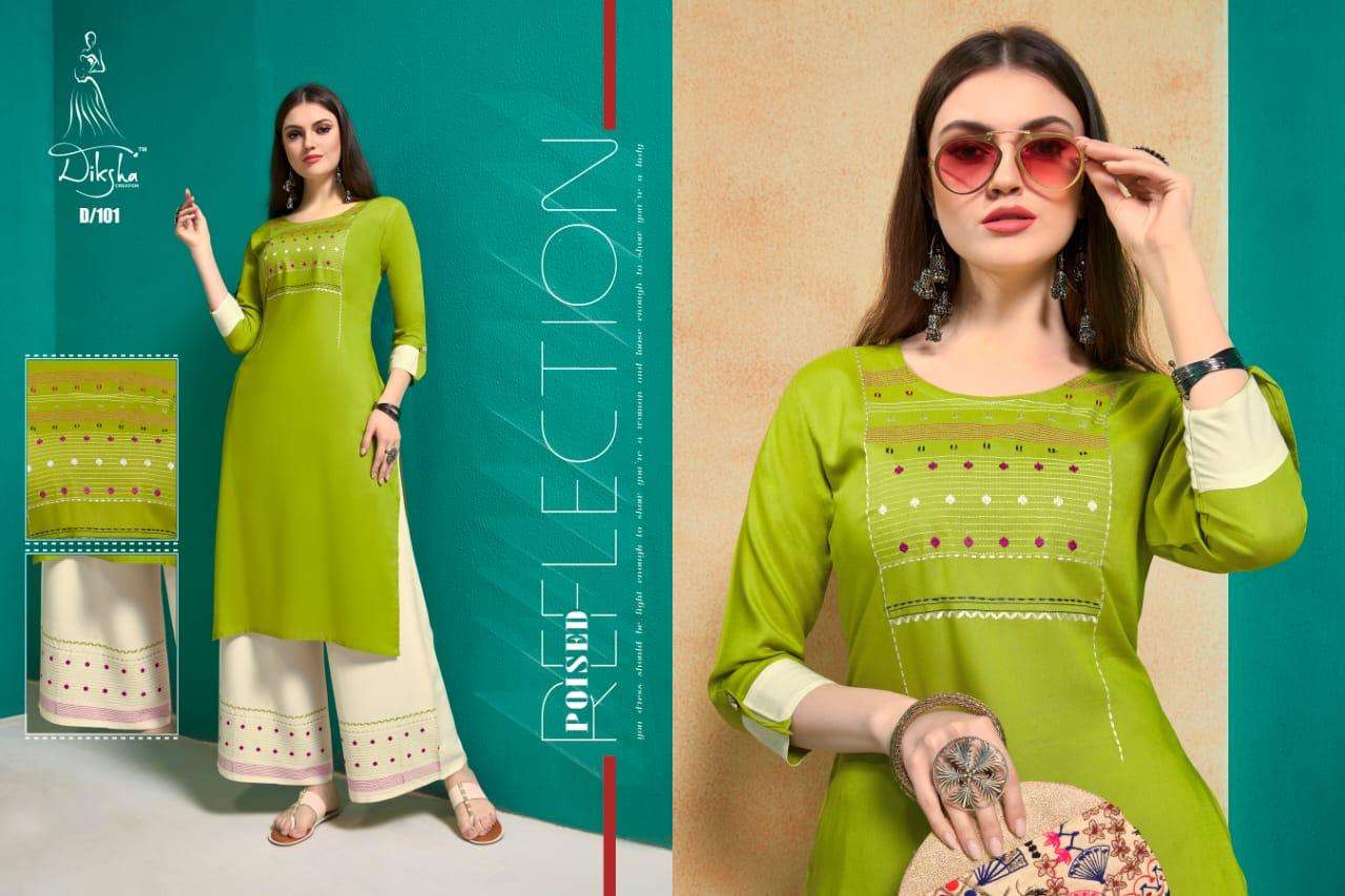 NETRA VOL-1 BY DIKSHA CREATION 101 TO 108 SERIES BEAUTIFUL COLORFUL STYLISH FANCY CASUAL WEAR & READY TO WEAR PURE HEAVY RAYON EMBROIDERED KURTIS WITH BOTTOM AT WHOLESALE PRICE