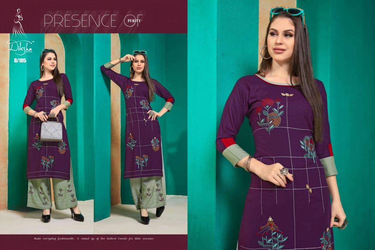 NETRA VOL-1 BY DIKSHA CREATION 101 TO 108 SERIES BEAUTIFUL COLORFUL STYLISH FANCY CASUAL WEAR & READY TO WEAR PURE HEAVY RAYON EMBROIDERED KURTIS WITH BOTTOM AT WHOLESALE PRICE