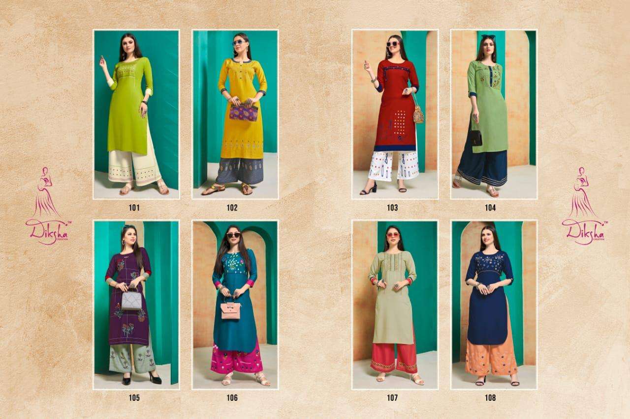NETRA VOL-1 BY DIKSHA CREATION 101 TO 108 SERIES BEAUTIFUL COLORFUL STYLISH FANCY CASUAL WEAR & READY TO WEAR PURE HEAVY RAYON EMBROIDERED KURTIS WITH BOTTOM AT WHOLESALE PRICE