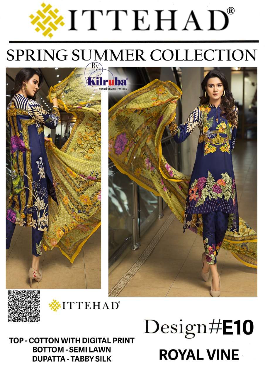 ITTEHAD BY KILRUBA E-10 TO E-12 SERIES DESIGNER PAKISTANI SUITS BEAUTIFUL STYLISH FANCY COLORFUL PARTY WEAR & ETHNIC WEAR COTTON WITH DIGITAL PRINT DRESSES AT WHOLESALE PRICE