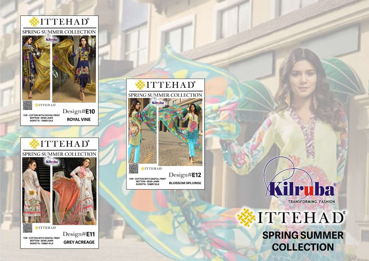 ITTEHAD BY KILRUBA E-10 TO E-12 SERIES DESIGNER PAKISTANI SUITS BEAUTIFUL STYLISH FANCY COLORFUL PARTY WEAR & ETHNIC WEAR COTTON WITH DIGITAL PRINT DRESSES AT WHOLESALE PRICE