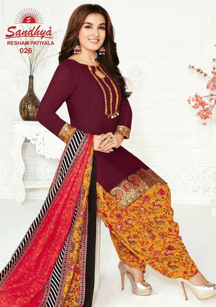 RESHAM PATIYALA VOL-2 BY SANDHYA 021 TO 032 SERIES DESIGNER SUITS BEAUTIFUL STYLISH FANCY COLORFUL PARTY WEAR & ETHNIC WEAR COTTON PRINTED DRESSES AT WHOLESALE PRICE