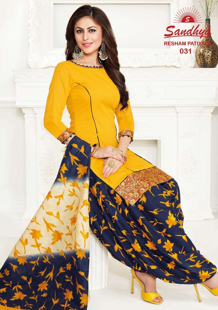 RESHAM PATIYALA VOL-2 BY SANDHYA 021 TO 032 SERIES DESIGNER SUITS BEAUTIFUL STYLISH FANCY COLORFUL PARTY WEAR & ETHNIC WEAR COTTON PRINTED DRESSES AT WHOLESALE PRICE
