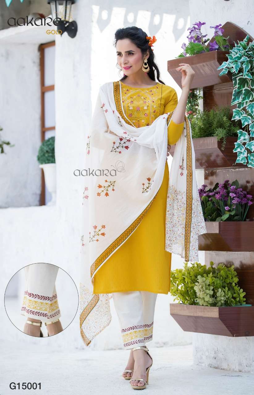 AAKARA GOLD VOL-15 BY AAKARA 15001 TO 15006 SERIES DESIGNER SUITS BEAUTIFUL STYLISH FANCY COLORFUL PARTY WEAR & ETHNIC WEAR COTTON DOBBY?RAYON WITH EMBROIDERY WORK DRESSES AT WHOLESALE PRICE