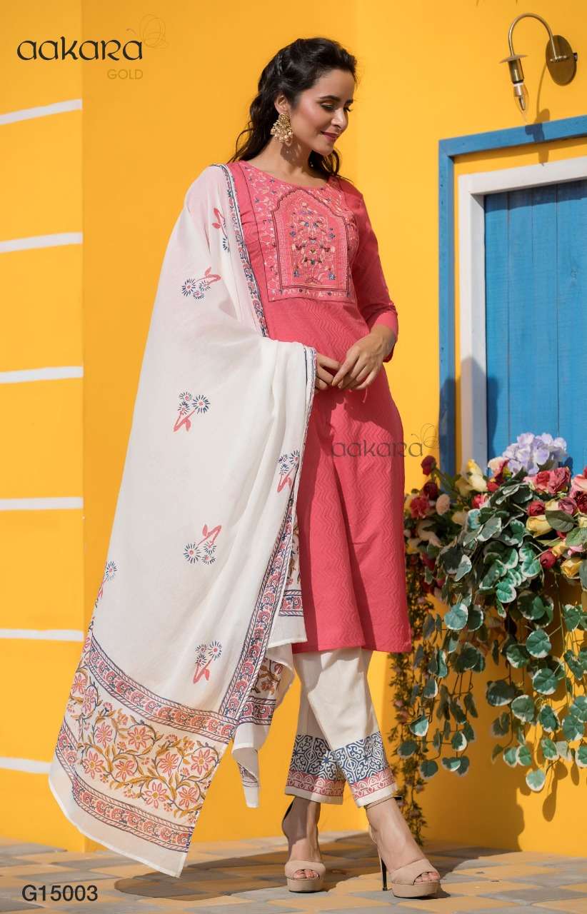 AAKARA GOLD VOL-15 BY AAKARA 15001 TO 15006 SERIES DESIGNER SUITS BEAUTIFUL STYLISH FANCY COLORFUL PARTY WEAR & ETHNIC WEAR COTTON DOBBY?RAYON WITH EMBROIDERY WORK DRESSES AT WHOLESALE PRICE