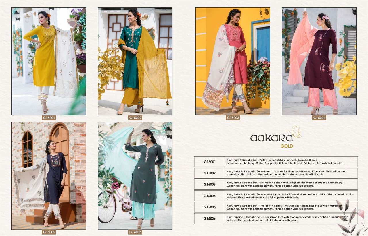 AAKARA GOLD VOL-15 BY AAKARA 15001 TO 15006 SERIES DESIGNER SUITS BEAUTIFUL STYLISH FANCY COLORFUL PARTY WEAR & ETHNIC WEAR COTTON DOBBY?RAYON WITH EMBROIDERY WORK DRESSES AT WHOLESALE PRICE