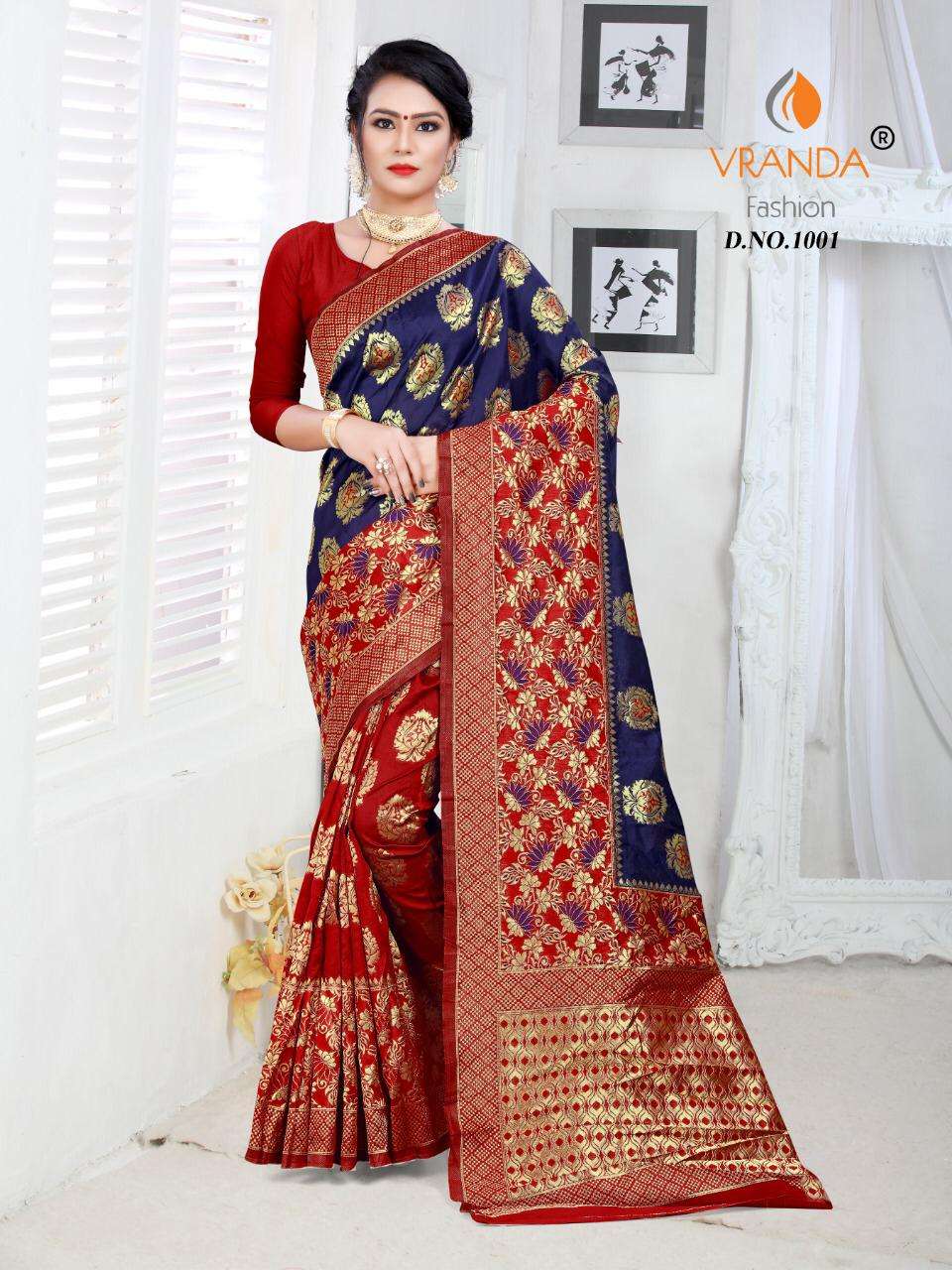 VRANDA 1001 SERIES BY VRANDA FASHION 1001 TO 1012 SERIES INDIAN TRADITIONAL WEAR COLLECTION BEAUTIFUL STYLISH FANCY COLORFUL PARTY WEAR & OCCASIONAL WEAR BANARASI SILK SAREES AT WHOLESALE PRICE