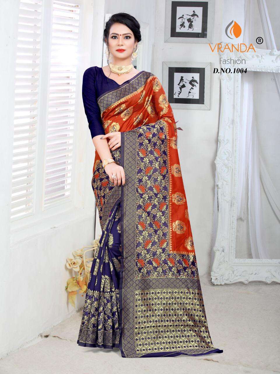 VRANDA 1001 SERIES BY VRANDA FASHION 1001 TO 1012 SERIES INDIAN TRADITIONAL WEAR COLLECTION BEAUTIFUL STYLISH FANCY COLORFUL PARTY WEAR & OCCASIONAL WEAR BANARASI SILK SAREES AT WHOLESALE PRICE