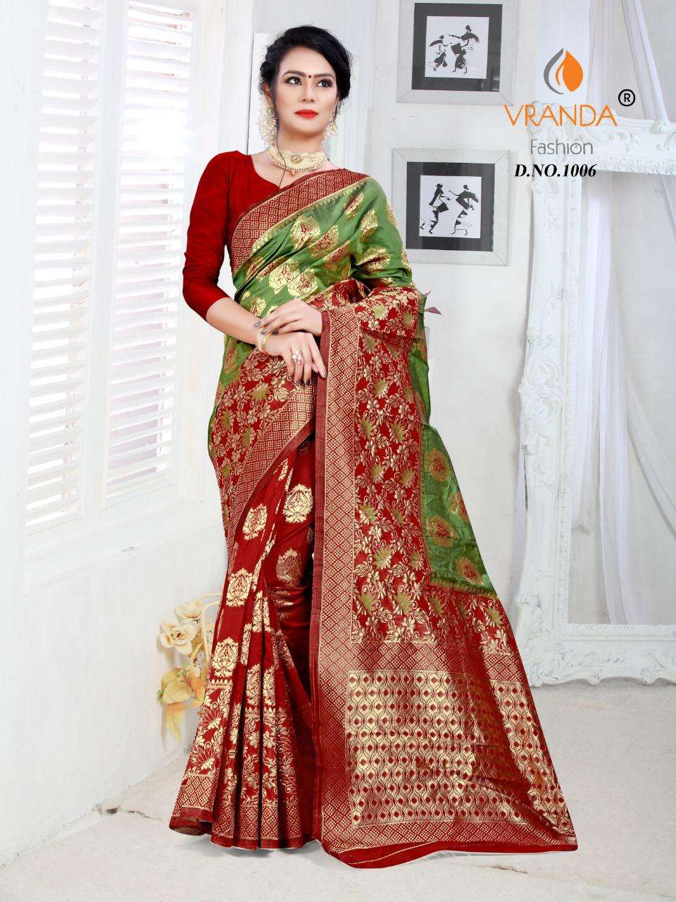 VRANDA 1001 SERIES BY VRANDA FASHION 1001 TO 1012 SERIES INDIAN TRADITIONAL WEAR COLLECTION BEAUTIFUL STYLISH FANCY COLORFUL PARTY WEAR & OCCASIONAL WEAR BANARASI SILK SAREES AT WHOLESALE PRICE