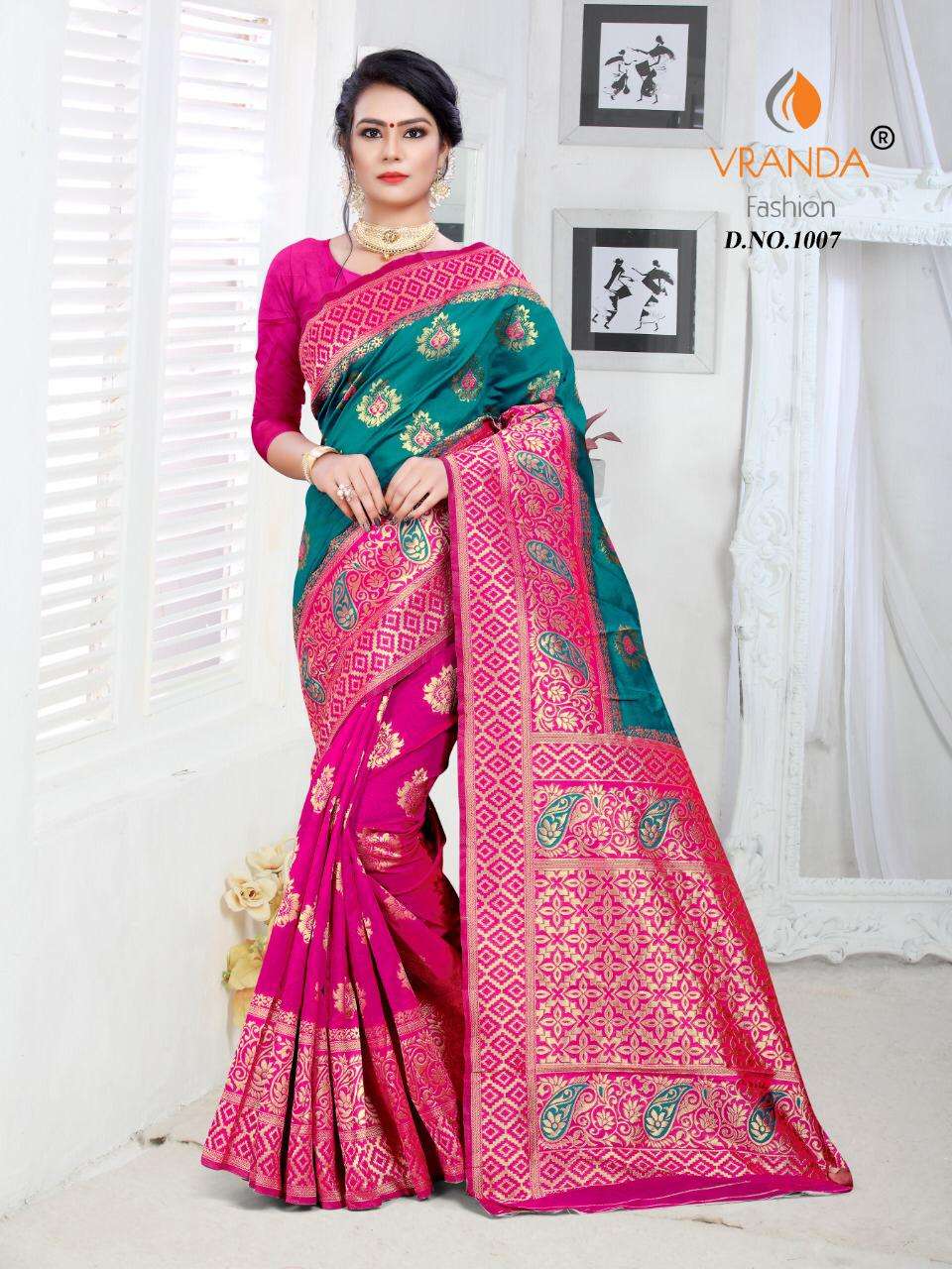 VRANDA 1001 SERIES BY VRANDA FASHION 1001 TO 1012 SERIES INDIAN TRADITIONAL WEAR COLLECTION BEAUTIFUL STYLISH FANCY COLORFUL PARTY WEAR & OCCASIONAL WEAR BANARASI SILK SAREES AT WHOLESALE PRICE