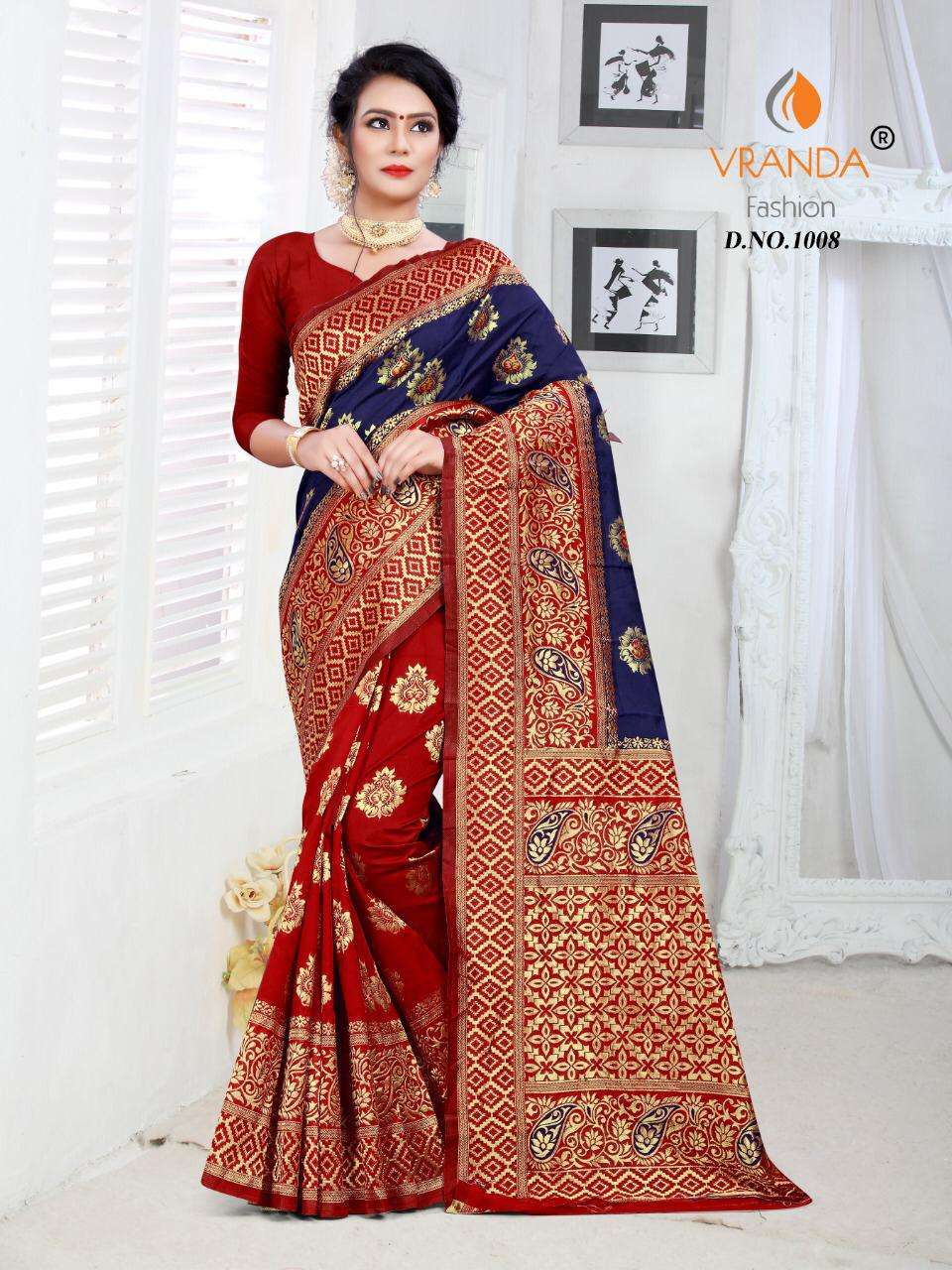 VRANDA 1001 SERIES BY VRANDA FASHION 1001 TO 1012 SERIES INDIAN TRADITIONAL WEAR COLLECTION BEAUTIFUL STYLISH FANCY COLORFUL PARTY WEAR & OCCASIONAL WEAR BANARASI SILK SAREES AT WHOLESALE PRICE